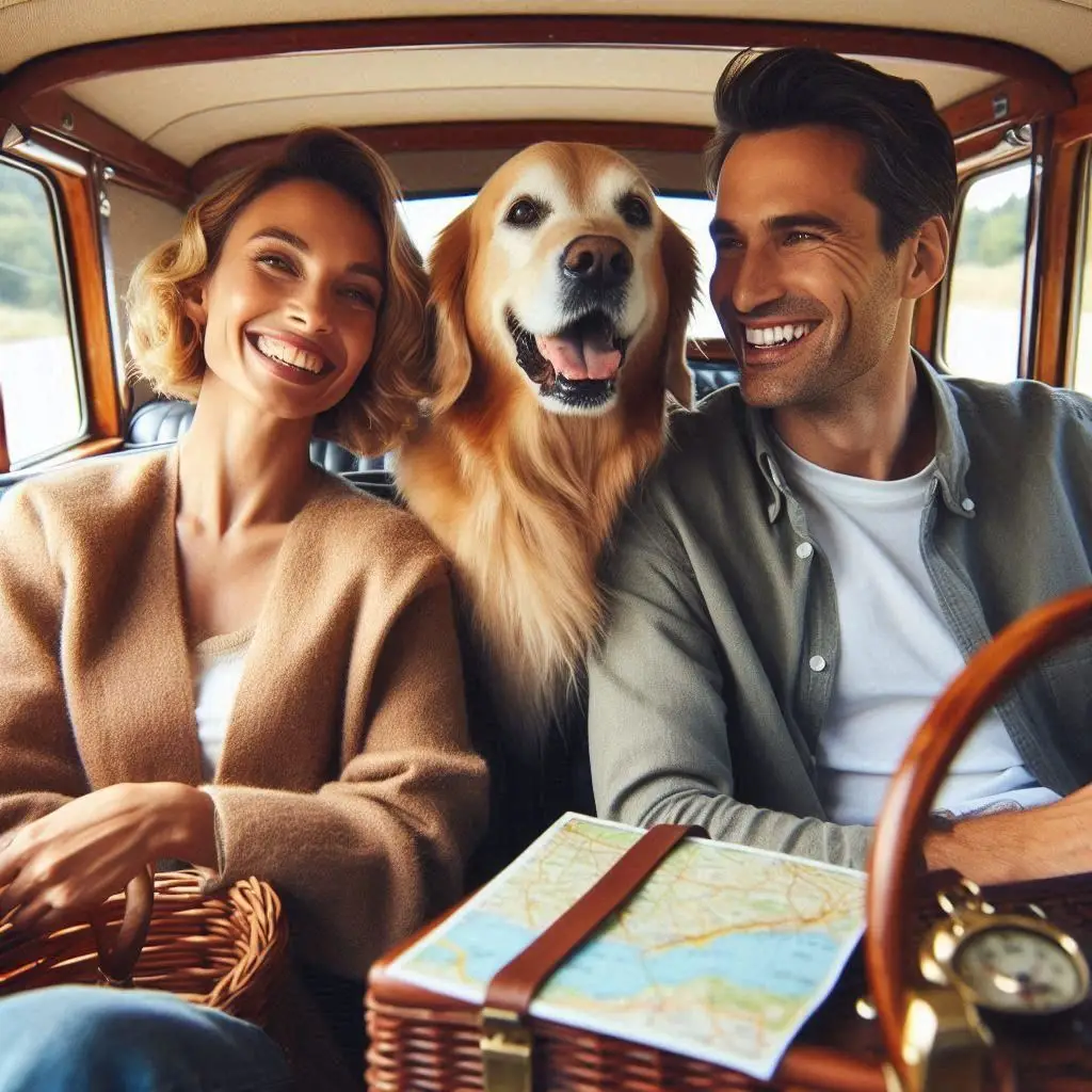 a picture of a couple going on a long car ride with their dog